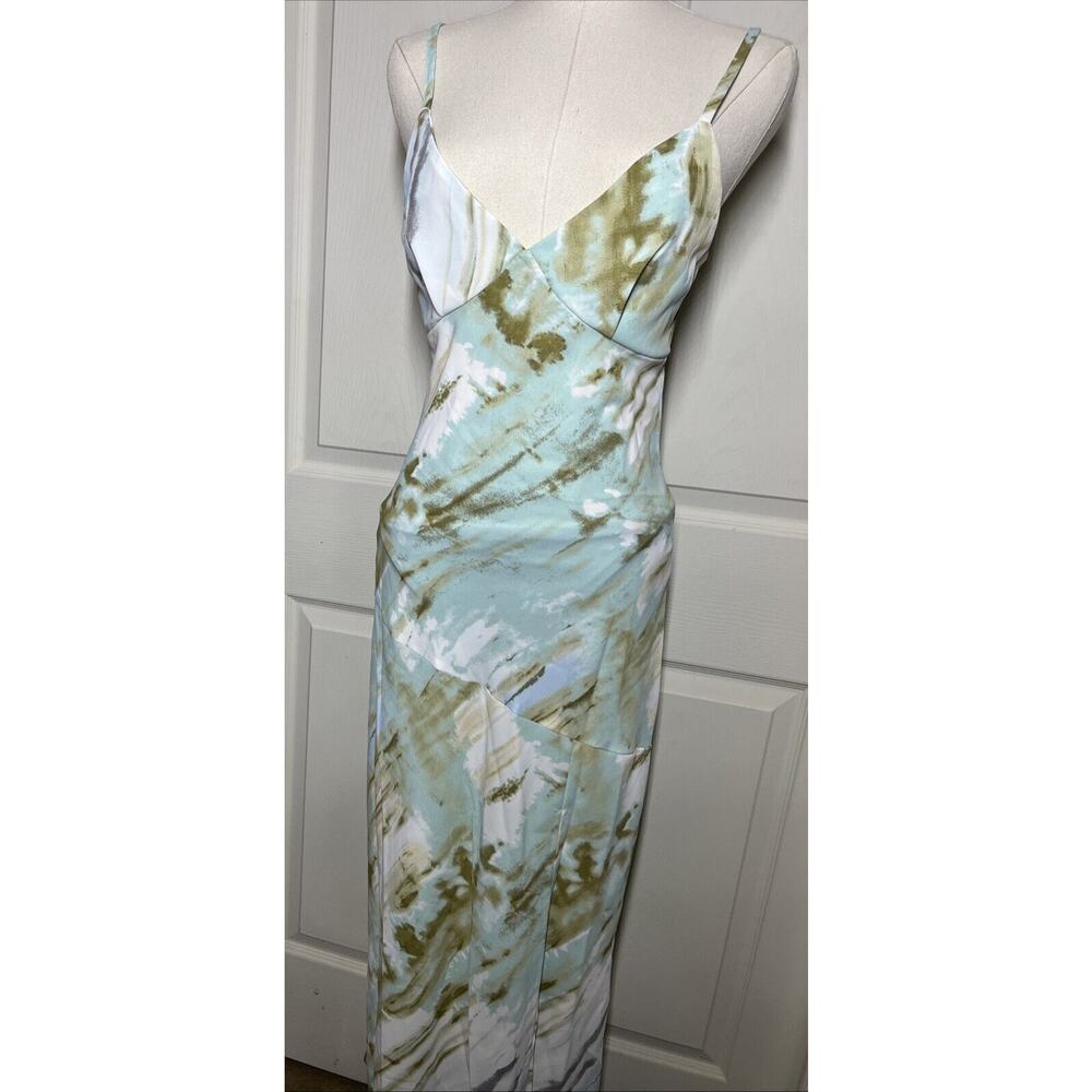 Ekoomay Pastel Blue ,brown,white Maxi Dress Spaghetti Strap Side Slit Size XS